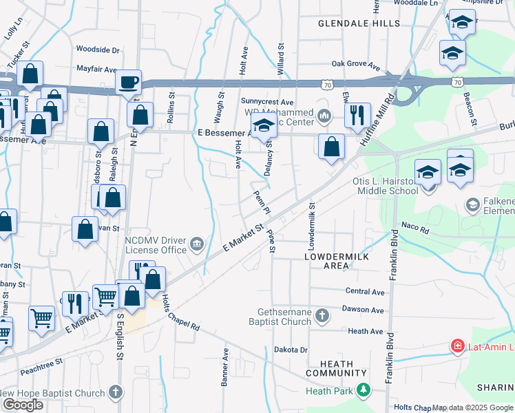 map of restaurants, bars, coffee shops, grocery stores, and more near in Greensboro