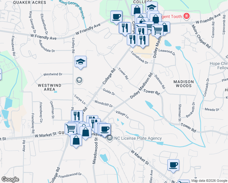 map of restaurants, bars, coffee shops, grocery stores, and more near 5611 Guida Drive in Greensboro