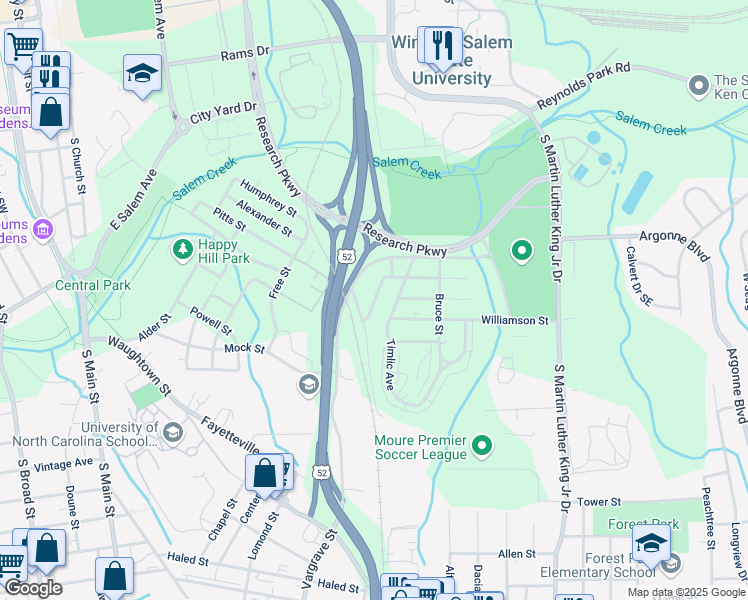 map of restaurants, bars, coffee shops, grocery stores, and more near 1350 Cunningham Street in Winston-Salem