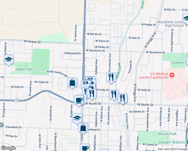 map of restaurants, bars, coffee shops, grocery stores, and more near 1381 Oakland Avenue in Fayetteville