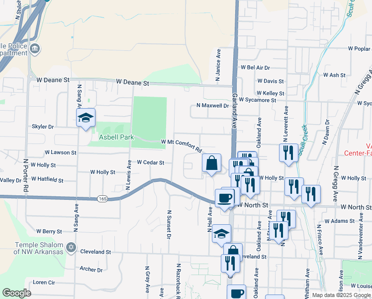 map of restaurants, bars, coffee shops, grocery stores, and more near 1311 West Mount Comfort Road in Fayetteville