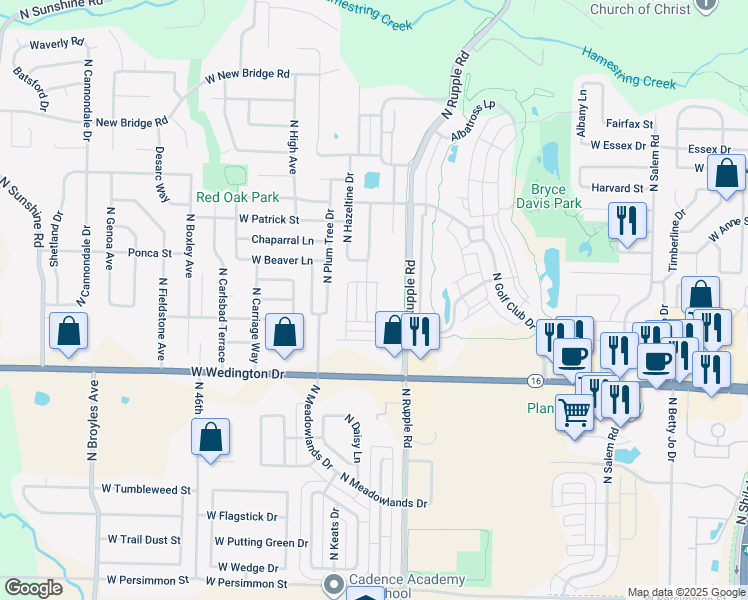 map of restaurants, bars, coffee shops, grocery stores, and more near 1285 North Corsica Drive in Fayetteville