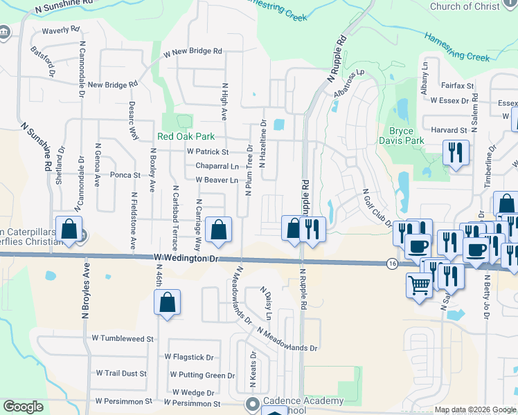map of restaurants, bars, coffee shops, grocery stores, and more near 1285 North Corsica Drive in Fayetteville