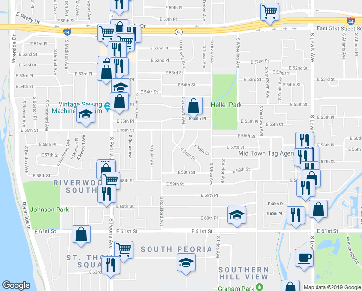 map of restaurants, bars, coffee shops, grocery stores, and more near 5637 South Rockford Place in Tulsa