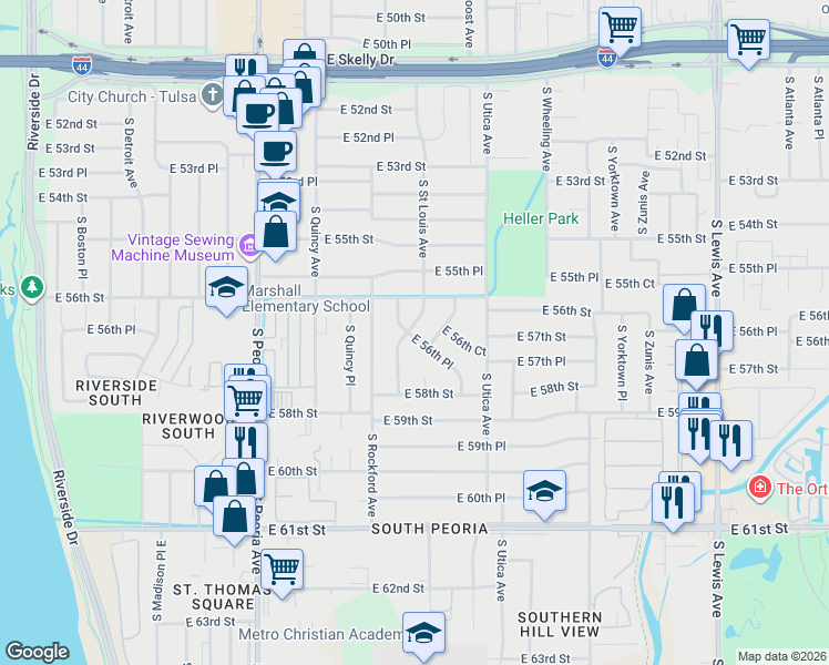 map of restaurants, bars, coffee shops, grocery stores, and more near 5637 South Rockford Place in Tulsa