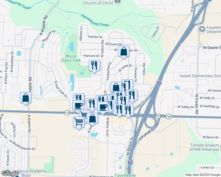 map of restaurants, bars, coffee shops, grocery stores, and more near 3241 West Montrail Place in Fayetteville