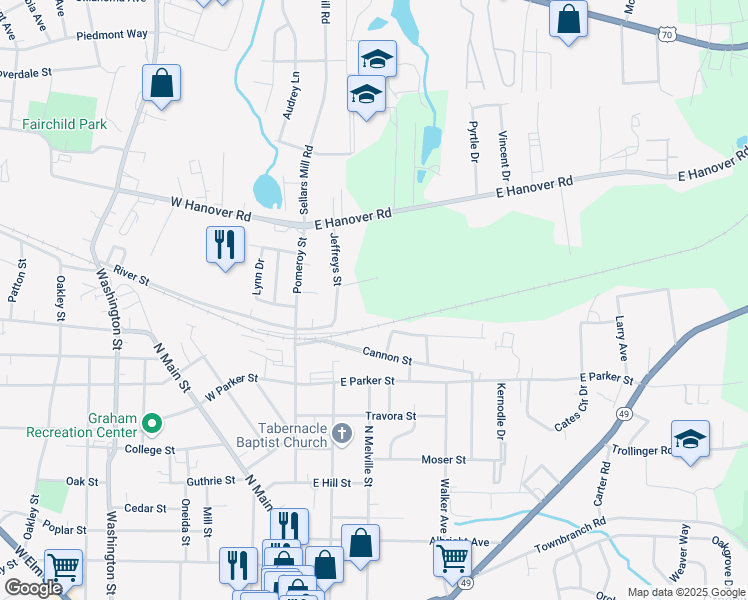 map of restaurants, bars, coffee shops, grocery stores, and more near 1001 Jeffreys Street in Graham