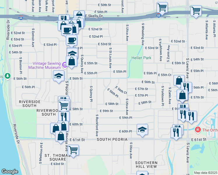 map of restaurants, bars, coffee shops, grocery stores, and more near 5637 South Rockford Place in Tulsa