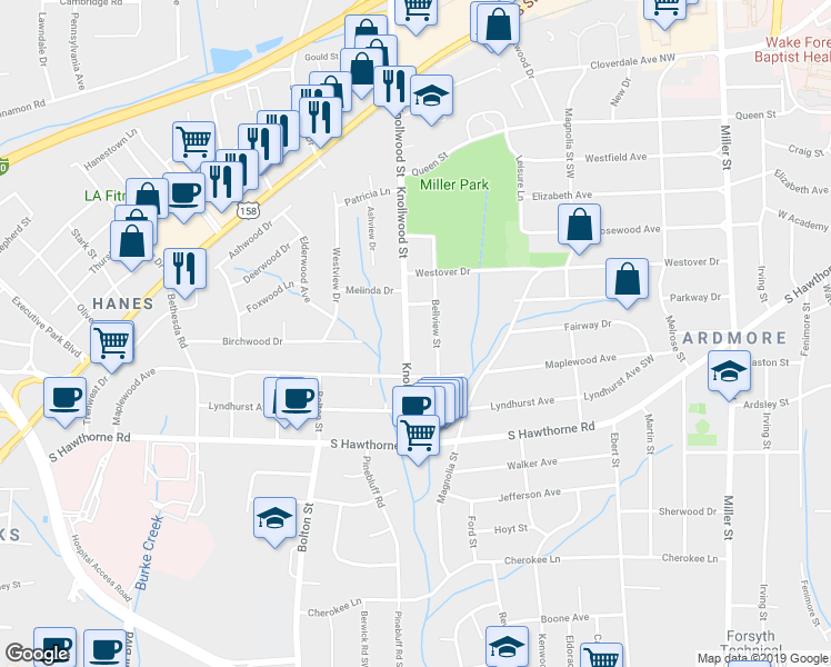 map of restaurants, bars, coffee shops, grocery stores, and more near 823 Knollwood Street in Winston-Salem