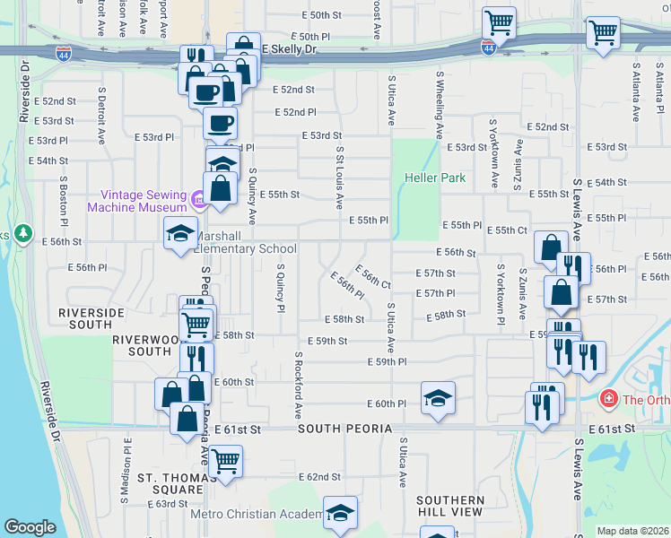 map of restaurants, bars, coffee shops, grocery stores, and more near 5637 South Rockford Place in Tulsa