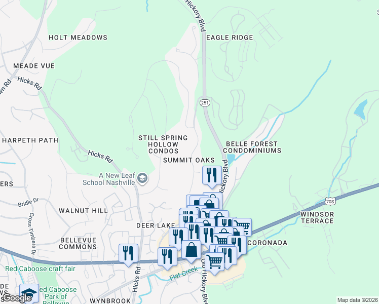 map of restaurants, bars, coffee shops, grocery stores, and more near 201 Summit Oaks Place in Nashville