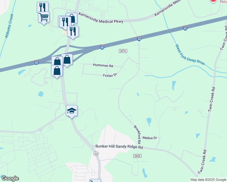 map of restaurants, bars, coffee shops, grocery stores, and more near 1742 Brookford Road in Kernersville