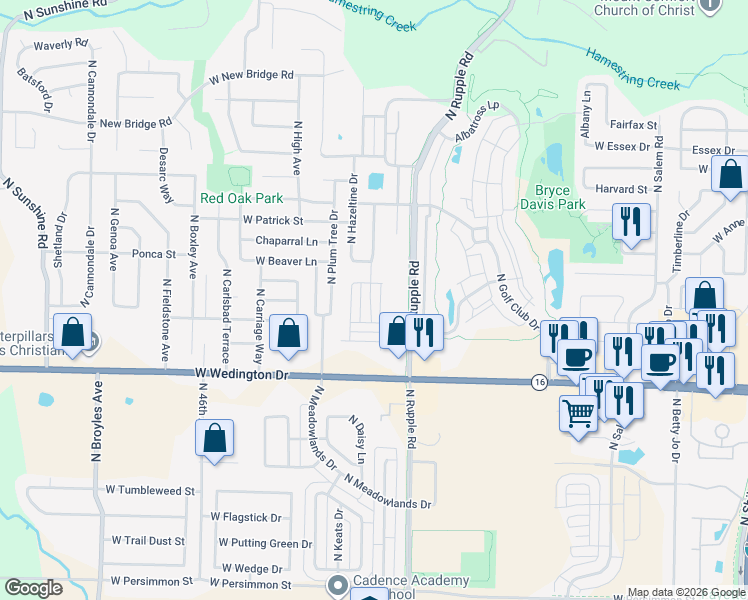 map of restaurants, bars, coffee shops, grocery stores, and more near 1324 North Corsica Drive in Fayetteville