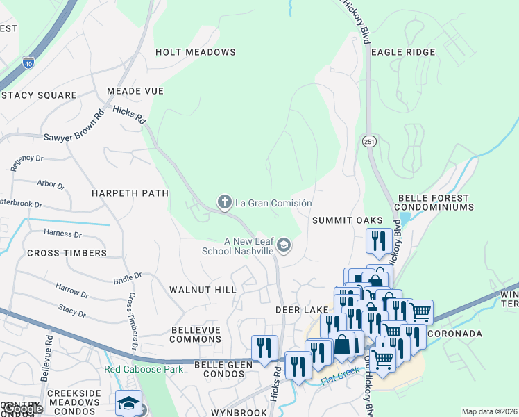 map of restaurants, bars, coffee shops, grocery stores, and more near 408 Hicks Road in Nashville