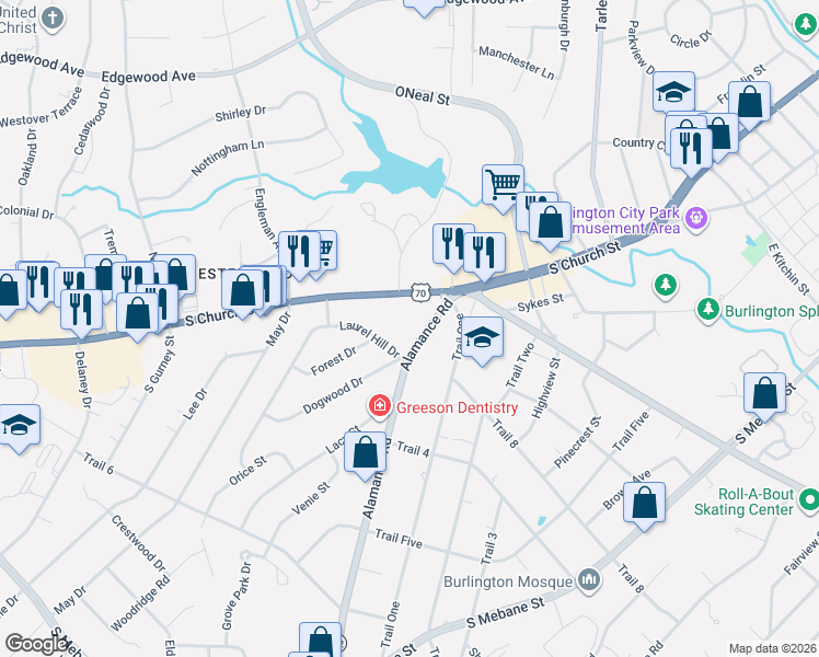map of restaurants, bars, coffee shops, grocery stores, and more near 118 Alamance Road in Burlington