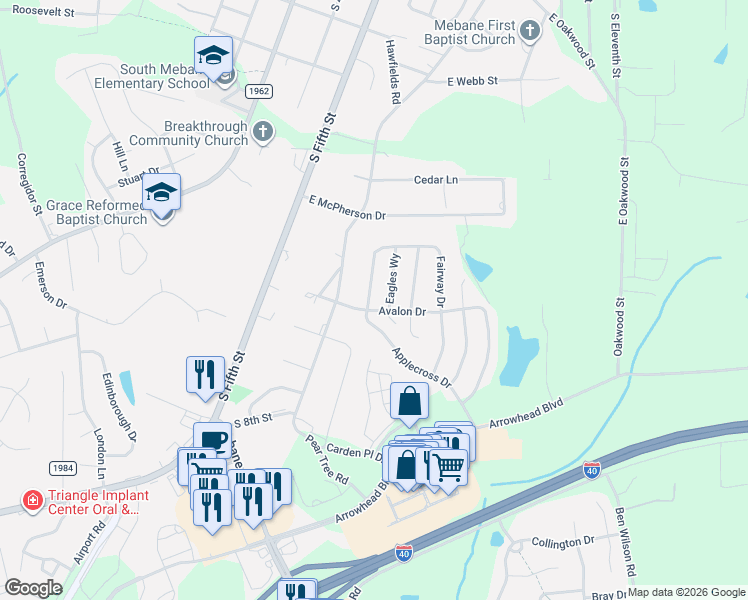 map of restaurants, bars, coffee shops, grocery stores, and more near 402 Avalon Drive in Mebane