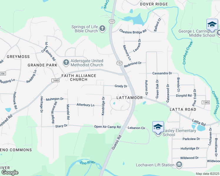 map of restaurants, bars, coffee shops, grocery stores, and more near 1733 Grady Drive in Durham