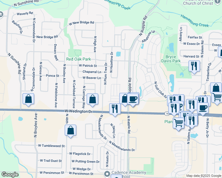 map of restaurants, bars, coffee shops, grocery stores, and more near 1285 North Corsica Drive in Fayetteville