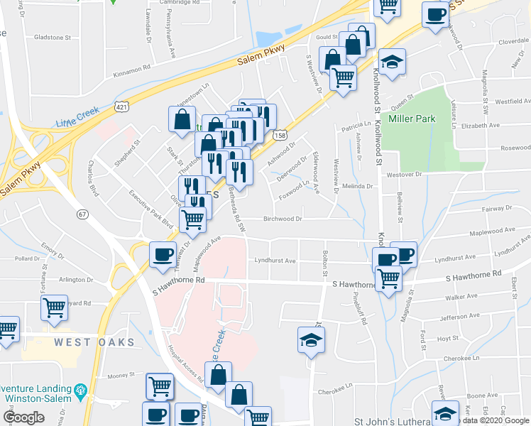 map of restaurants, bars, coffee shops, grocery stores, and more near 2905 Birchwood Drive in Winston-Salem