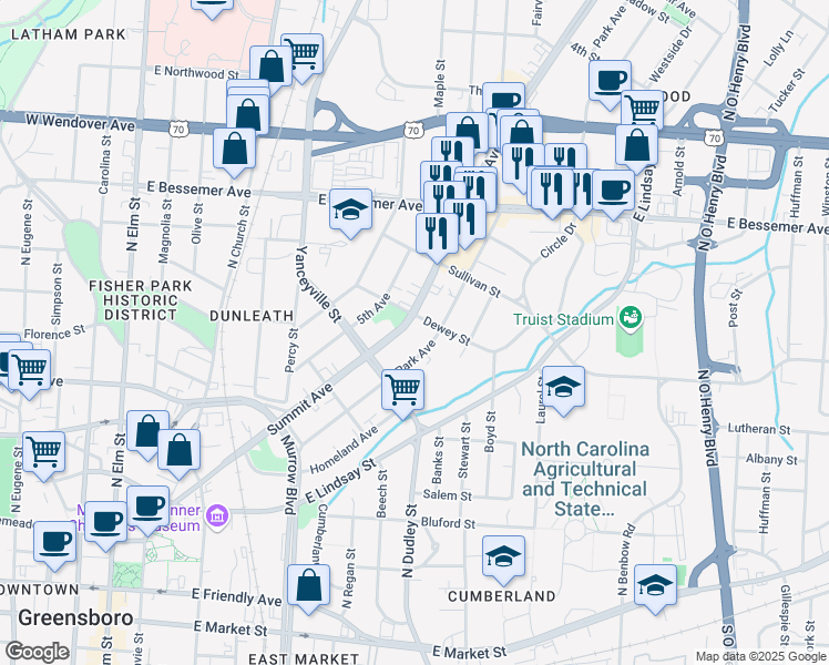 map of restaurants, bars, coffee shops, grocery stores, and more near 712 Summit Avenue in Greensboro