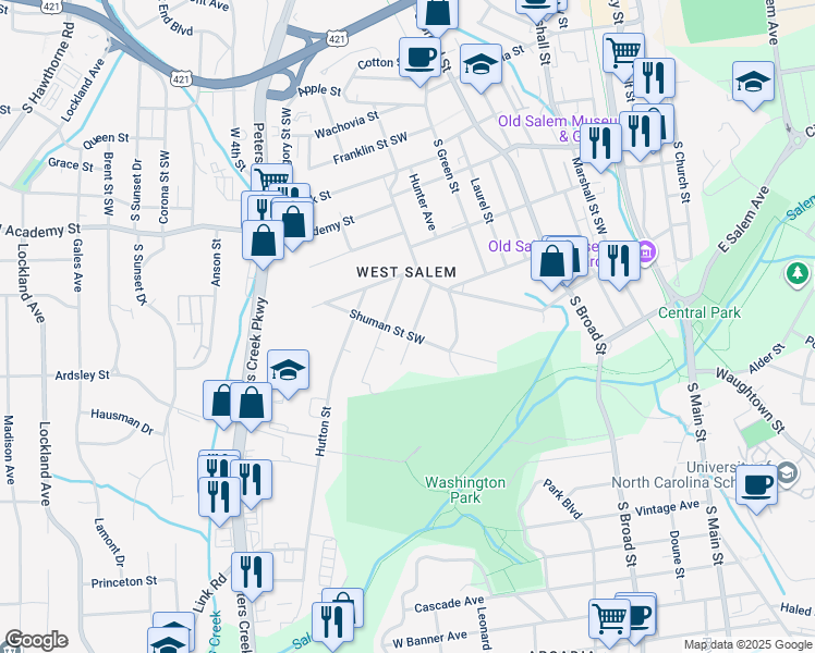 map of restaurants, bars, coffee shops, grocery stores, and more near 840 Shober Street Southwest in Winston-Salem