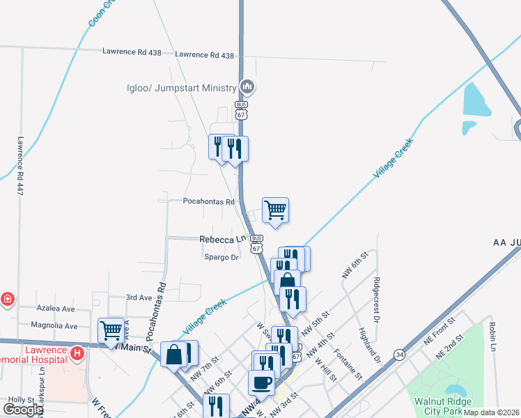 map of restaurants, bars, coffee shops, grocery stores, and more near 2804 U.S. 67 Business in Walnut Ridge