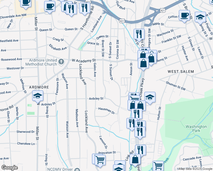 map of restaurants, bars, coffee shops, grocery stores, and more near 817 Brent Street in Winston-Salem