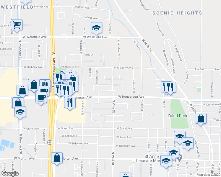 map of restaurants, bars, coffee shops, grocery stores, and more near 622 McComb Avenue in Porterville