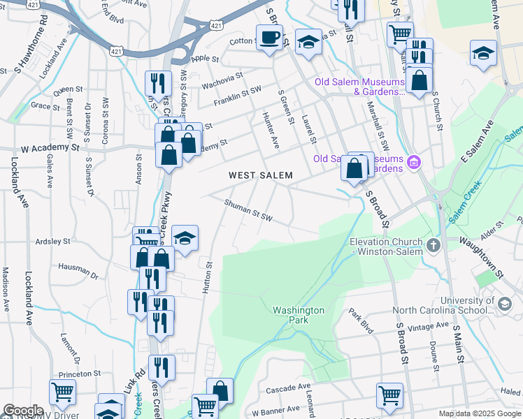 map of restaurants, bars, coffee shops, grocery stores, and more near 840 Shober Street Southwest in Winston-Salem