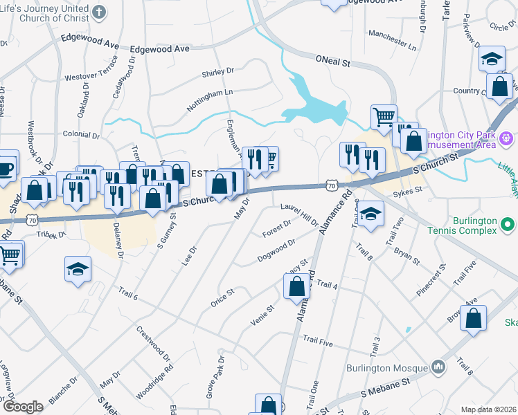 map of restaurants, bars, coffee shops, grocery stores, and more near 303 Laurel Hill Drive in Burlington