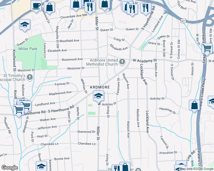 map of restaurants, bars, coffee shops, grocery stores, and more near 2207 Gaston Street in Winston-Salem