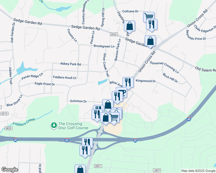 map of restaurants, bars, coffee shops, grocery stores, and more near 410 Silver Creek Trail in Kernersville