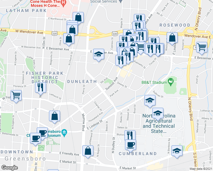map of restaurants, bars, coffee shops, grocery stores, and more near 712 Summit Avenue in Greensboro