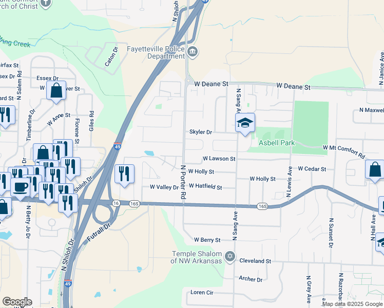 map of restaurants, bars, coffee shops, grocery stores, and more near 1310 North Porter Road in Fayetteville