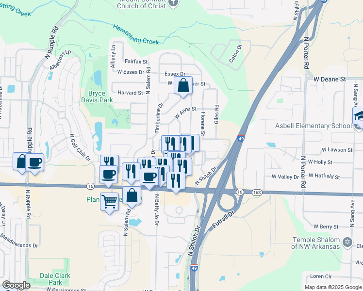 map of restaurants, bars, coffee shops, grocery stores, and more near 1267 Steamboat Drive in Fayetteville