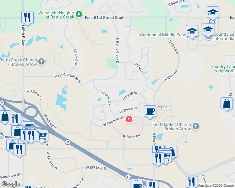map of restaurants, bars, coffee shops, grocery stores, and more near 1100 West Fargo Drive in Broken Arrow
