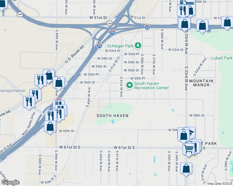 map of restaurants, bars, coffee shops, grocery stores, and more near 5648 South 41st West Avenue in Tulsa