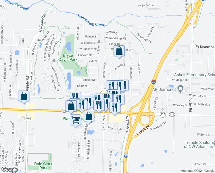 map of restaurants, bars, coffee shops, grocery stores, and more near 3241 West Montrail Place in Fayetteville