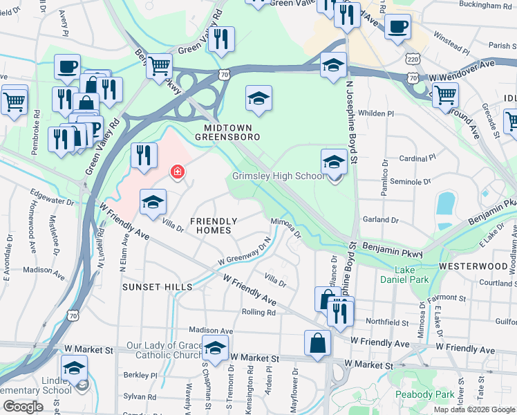 map of restaurants, bars, coffee shops, grocery stores, and more near 612 Catalina Drive in Greensboro