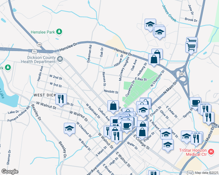 map of restaurants, bars, coffee shops, grocery stores, and more near 104 Nesbitt Street in Dickson