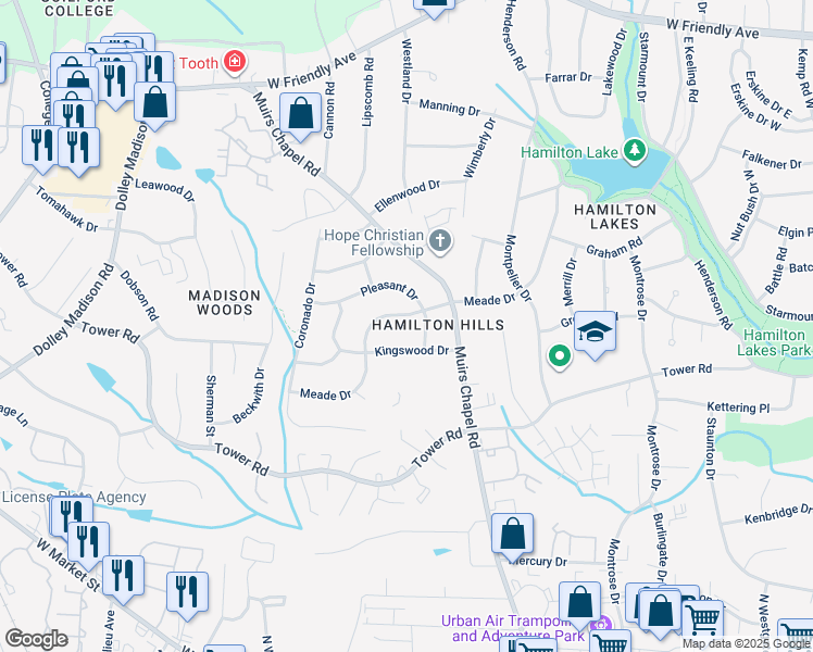 map of restaurants, bars, coffee shops, grocery stores, and more near 814 Meade Drive in Greensboro