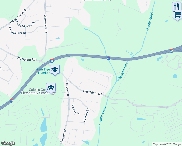 map of restaurants, bars, coffee shops, grocery stores, and more near 120 Wilchester Lane in Kernersville