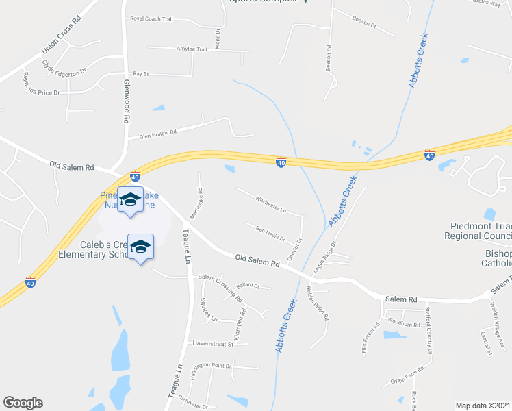 map of restaurants, bars, coffee shops, grocery stores, and more near 120 Wilchester Lane in Kernersville