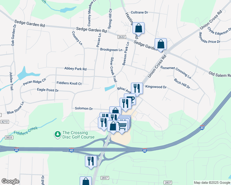 map of restaurants, bars, coffee shops, grocery stores, and more near 410 Silver Creek Trail in Kernersville