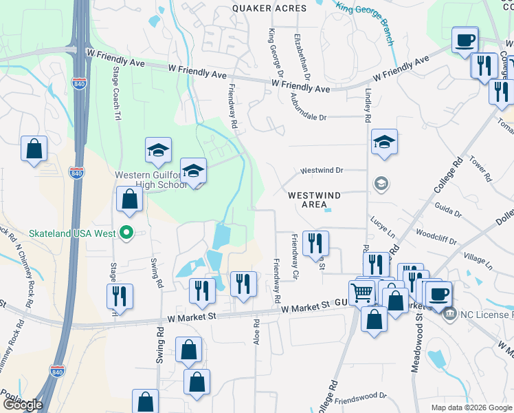 map of restaurants, bars, coffee shops, grocery stores, and more near 307 Friendway Road in Greensboro