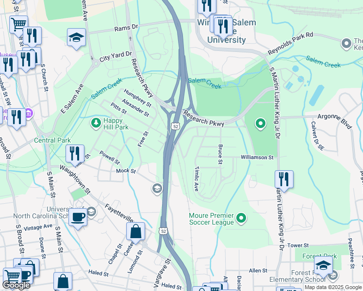 map of restaurants, bars, coffee shops, grocery stores, and more near 1321 Cunningham Street in Winston-Salem