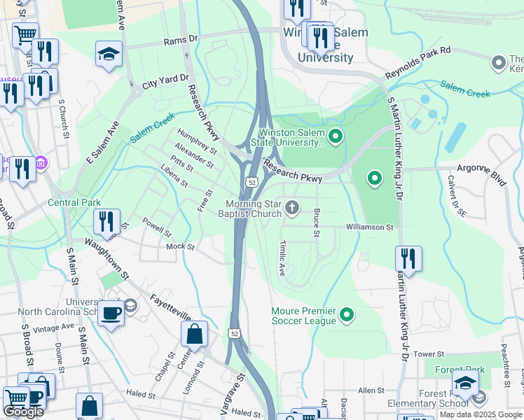 map of restaurants, bars, coffee shops, grocery stores, and more near 1350 Cunningham Street in Winston-Salem