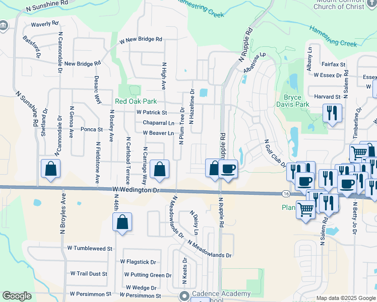 map of restaurants, bars, coffee shops, grocery stores, and more near 1303 North Plum Tree Drive in Fayetteville