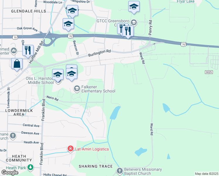 map of restaurants, bars, coffee shops, grocery stores, and more near 406 Murraylane Road in Greensboro