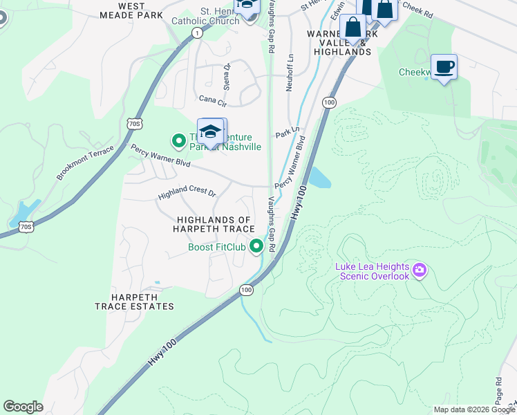 map of restaurants, bars, coffee shops, grocery stores, and more near 29 Vaughns Gap Road in Nashville